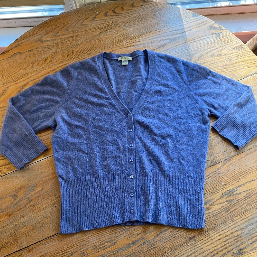 GENEVA beautiful blue 100% cashmere 3/4 sleeve V-neck sweater/XL
